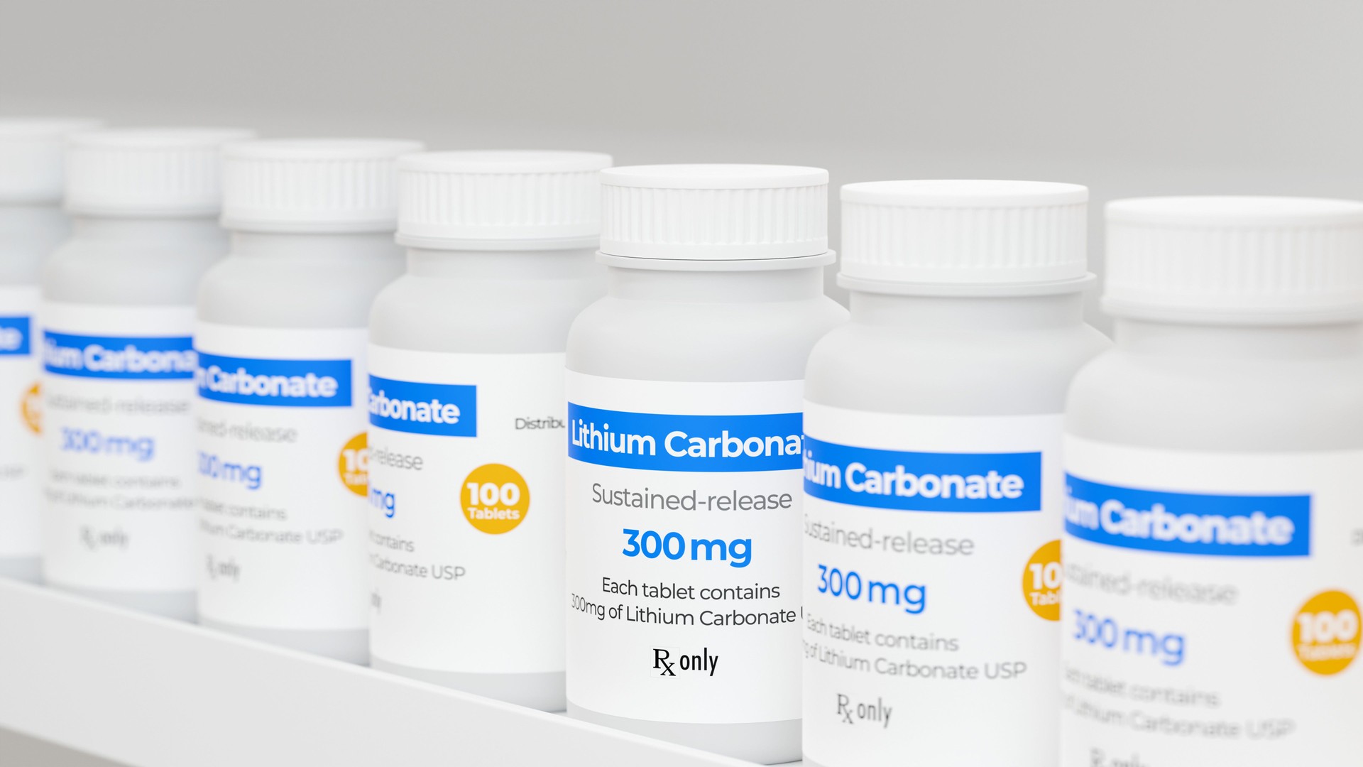 Lithium Carbonate is a mood-stabilizer. Used to treat mood disorders and anxiety. Drug bottle on pharmacy shelf 3d illustration.