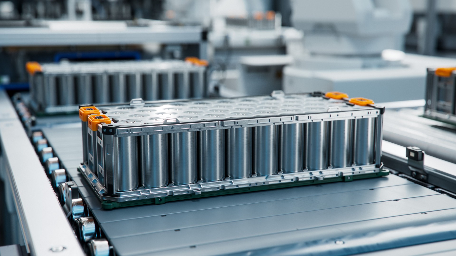 EV Battery Module for Automotive Industry on Production Line. Lithium-ion High-voltage Battery for Electric Vehicle or Hybrid Car. High Capacity Battery on Conveyor.