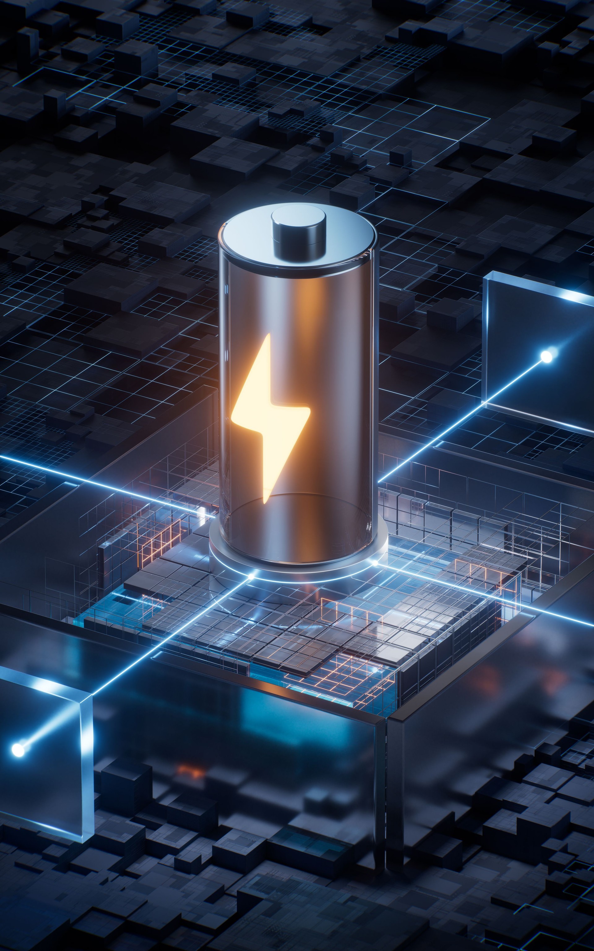 Battery with technological circuit background, 3d rendering.
